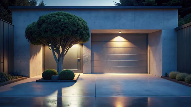 Minimalist entrance and garage of a house with a unnaturally trimmed tree , minimalist, house, entrance, garage, home exterior, architecture, modern, design, clean, white, tree, landscaping