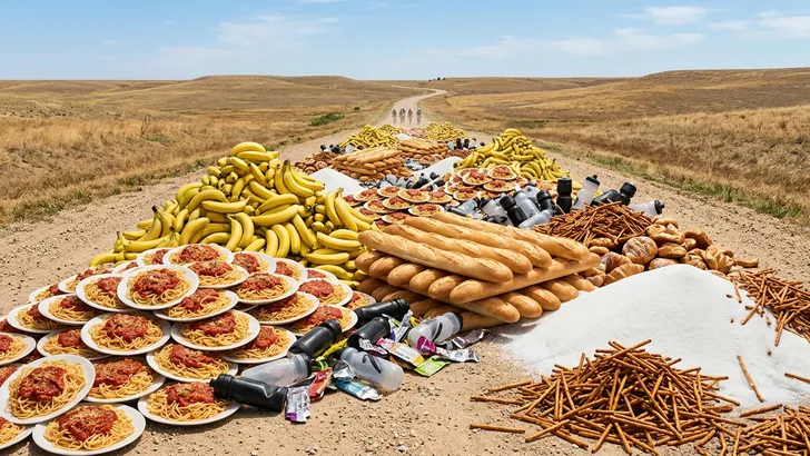 Een visuele vertaling van de 1350 gram suiker in Unbound: een weg vol bananen, spaghetti en stokbroden.'