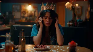 a sad Spanish woman sitting at an American dinner table, eating a birthday cake, wearing a crown and crying.