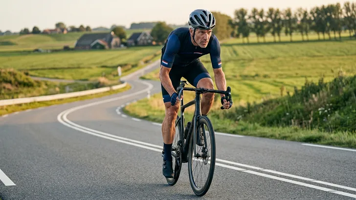 Fitte mannelijke wielrenner van middelbare leeftijd doet aan krachttraining om sterker te worden op de fiets.