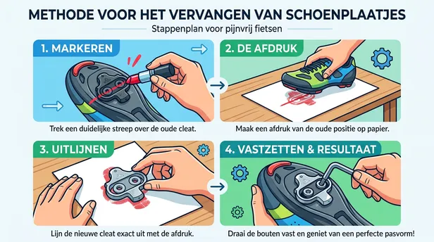 Infographic die in vier stappen uitlegt hoe je schoenplaatjes vervangt met de lippenstift-methode: 1. Markeren, 2. De afdruk maken, 3. Uitlijnen, en 4. Vastzetten.