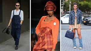 Modetrends uit het verleden – Drieluik foto's van een man in tuinbroek, model op de catwalk bij Vivienne Westwood, en een streetstyle-foto met denim beenwarmers.