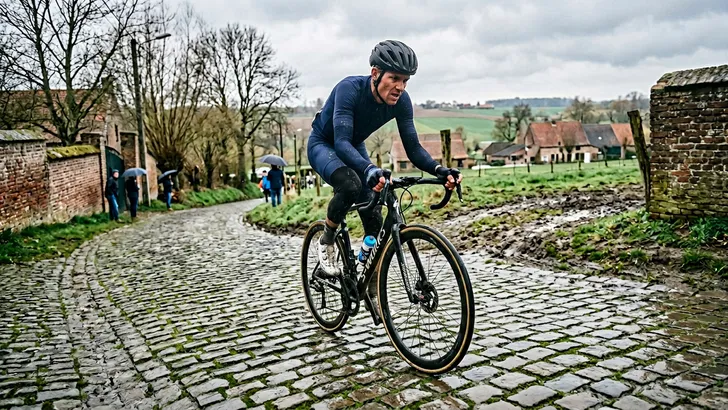 Een actiefoto van een mannelijke wielrenner in de Vlaamse heuvels, die over een steile, natte kasseistrook rijdt. Zijn gezicht toont concentratie en de cobblestones zijn glad van de recente regen. Hij draagt een moderne helm en voorjaarskleding.