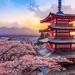 Japan, foto van de Chureito-tempel met Mount Fuji op de achtergrond.