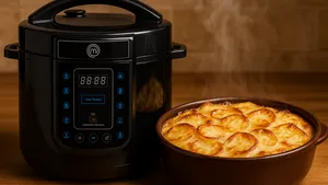 De MasterChef 10-in-1 multicooker van Action naast een feestelijke rollade en aardappelgratin