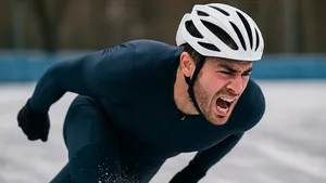 Wielrenner met racefietshelm in volle inspanning op het ijs tijdens schaatstraining.