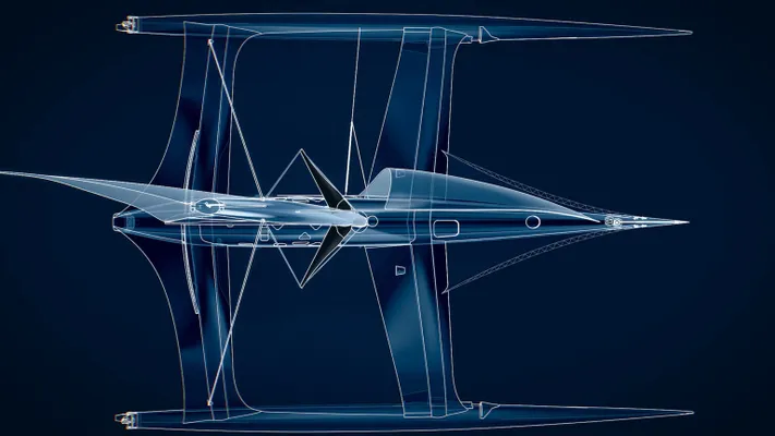 De 121 voet hoge mast kan tijdens het varen worden gebogen met hydraulische cilinders rond de zalingen.