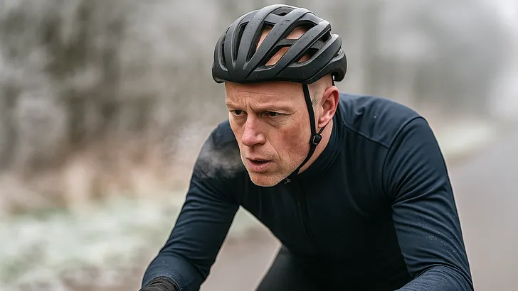 Kale wielrenner met helm fietst op een koude winterochtend, zichtbaar ademend in de ijzige lucht, met rijp op de achtergrond en geconcentreerde blik.