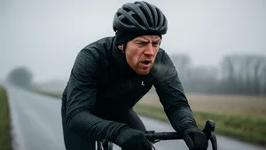 Wielrenner in zwarte winterkleding fietst door grijze, natte kou, met rode wangen en zichtbare adem terwijl hij tegen de wind in leunt.