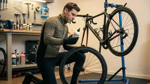 Een wielrenner in winterkleding zit geknield in een werkplaats en houdt een fles tubeless sealant en een carbon racefietswiel vast, met een racefiets in een montagestandaard op de achtergrond.