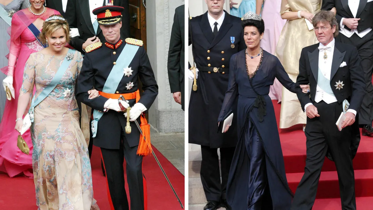 Tweeluik foto's van Groothertog Henri, Groothertogin Maria Teresa en Prins Ernst August en Prinses Caroline van Hannover bij het huwelijk van Frederik en Mary van Denemarken, 2004.