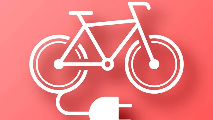 Electric bike with plug. Icon on Red background with shadow