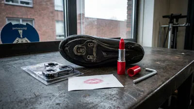 Een set voor het vervangen van schoenplaatjes op een werkbank, bestaande uit een fietsschoen, een open rode lippenstift, een inbussleutel, en nieuwe Shimano SPD-SL cleats.