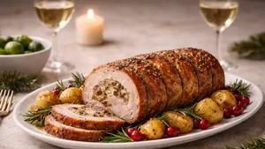 Rollade op kersttafel, licht ingezoomd, met aardappelen en vrolijke versiering.