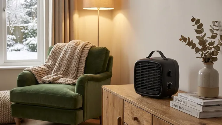 Een stijlvolle, zwarte, kleine, keramische ventilatorkachel staat op een houten vloer in een minimalistisch en licht interieur met een comfortabele stoel.
