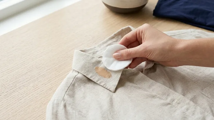 Een close-upfoto van een hand die met een wattenschijfje een make-upvlek van de boord van een beige linnen overhemd dept.