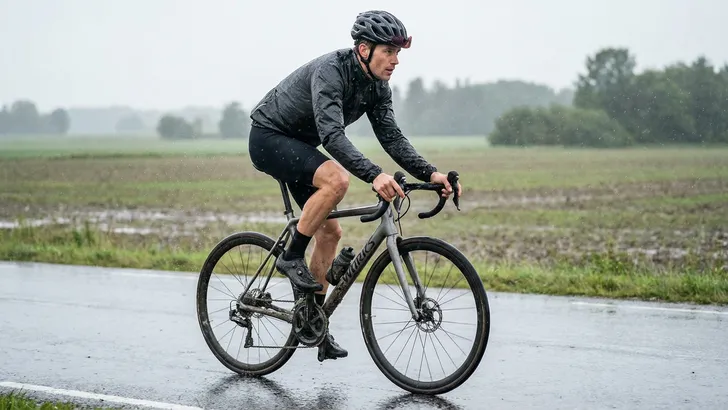 afbeelding van een wielrenner die in een natuurlijke houding over een natte weg rijdt.