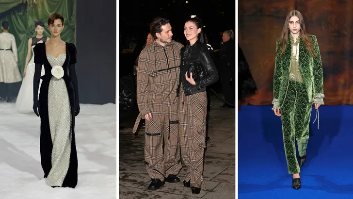 Favoriete looks van London Fashion Week van de Beau Monde-redactie. Drieluik foto's: links een model op de catwalk bij Richard Quinn, midden Brooklyn Beckham en Nicola Peltz in Burberry en rechts een model op de catwalk bij Burberry in een groen broekpak.