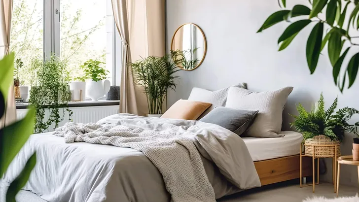 Scandinavian interior design of modern bedroom.