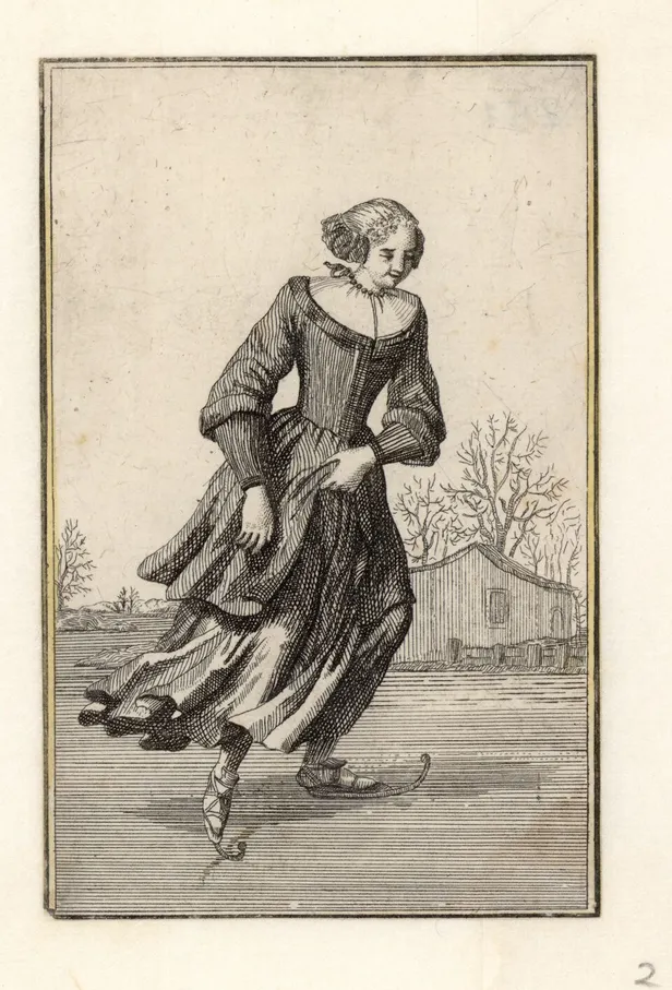 Kopergravure van een dame op Friese schaatsen, 1700-1799