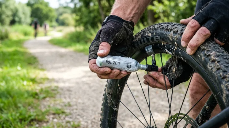Close-up van de handen van een wielrenner die een wit aangevroren CO2-patroon gebruiken om een gravelband op te pompen.