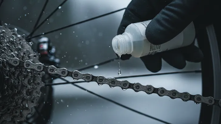 Close-up van een natte ketting en cassette van een racefiets terwijl met een flesje smeermiddel één druppel op de ketting wordt aangebracht, winterse omstandigheden.