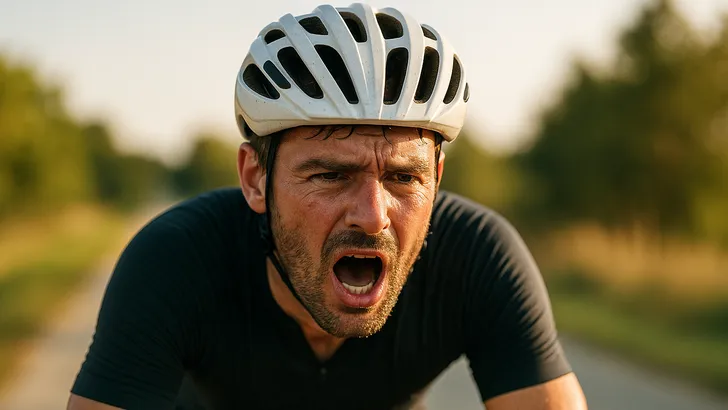 Close-up van een uitgeputte amateurwielrenner die zwetend en met open mond bergop fietst in het zonlicht, met een wazige achtergrond — symbool voor te hard trainen bij vetverbranding.