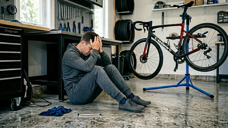 Een gefrustreerde wielrenner zonder helm zit verslagen op de grond in zijn schuur naast zijn racefiets, na een mislukte reparatie met een inbussleutel.