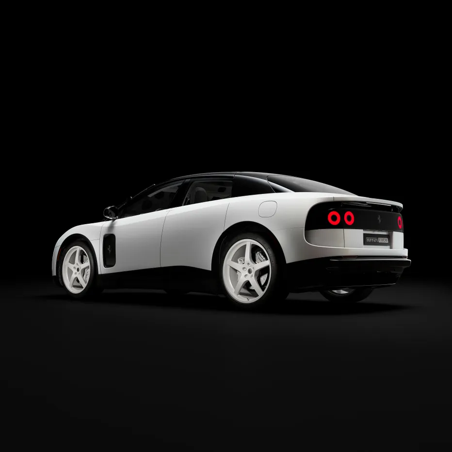Achterzijde van witte Ferrari Luce Chassis 0 tegen zwarte achtergrond
