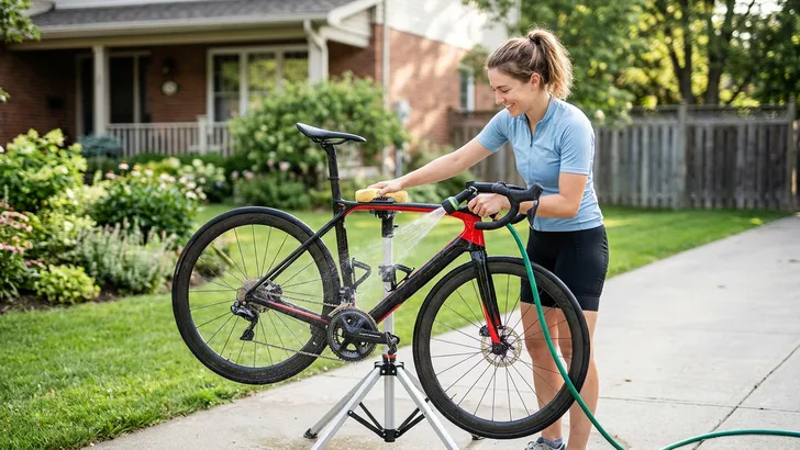 Een ontspannen wielrenner zonder helm is bezig met het afspoelen van zijn racefiets met een tuinslang op een zonnige oprit.