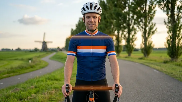 Een close-up van voren van een Nederlandse wielrenner in het polderlandschap, met een molen op de achtergrond. Zijn handen rusten op de shifters. Een subtiele, lichtgevende, transparante oranje grafische overlay markeert de perfecte uitlijning