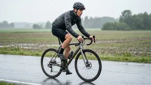 afbeelding van een wielrenner die in een natuurlijke houding over een natte weg rijdt.
