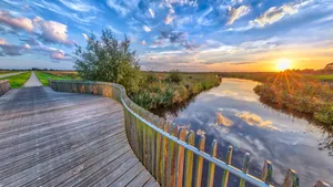 Vivid sunset over Wooden Balustrade