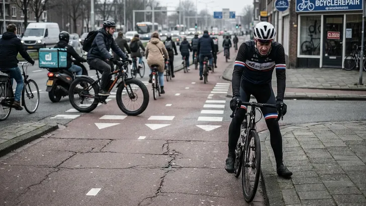 Een wielrenner in tenue en met helm staat gefrustreerd stil naast zijn racefiets, terwijl op de achtergrond een chaotisch en druk Nederlands fietspad met andere weggebruikers te zien is.