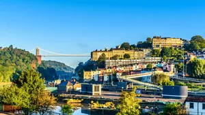 Clifton village and suspension bridge in Bristol at sunrise