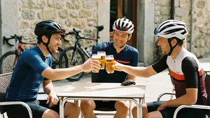 Drie wielrenners in volledige outfit proosten met een glas bier op een zonnig terras, met hun racefietsen op de achtergrond.
