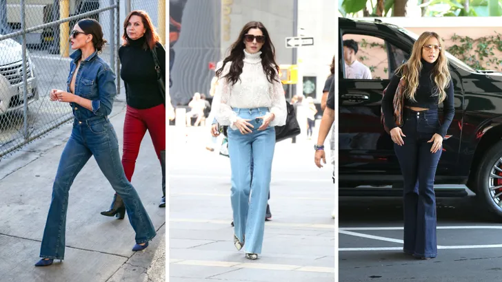 Flared denim: zo style je de wijde spijkerbroek. – Drieluik foto's van celebs in flared jeans, met links Eiza González, midden Anne Hathaway, rechts Jennifer Lopez.