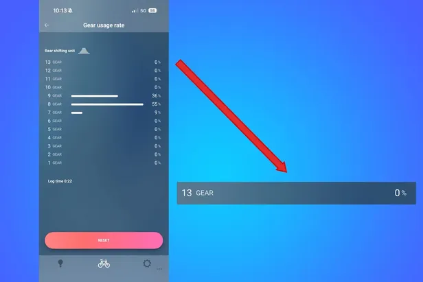 Screenshot van de Shimano E-Tube Project app op een smartphone, waarbij een rode pijl wijst naar een nieuwe '13 GEAR' optie in het 'Gear usage rate' menu.