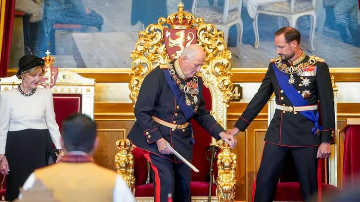 Ceremonial opening of the 168th Parliament in Norway Oslo 20231003. King Harald, Queen Sonja, Crown Prince Haakon and Pr