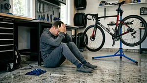 Een gefrustreerde wielrenner zonder helm zit verslagen op de grond in zijn schuur naast zijn racefiets, na een mislukte reparatie met een inbussleutel.