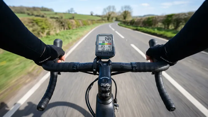 Point-of-view foto over het stuur van een racefiets, gefocust op een fietscomputer die duidelijk het huidige wattage (Watts) en de vermogenszones weergeeft.