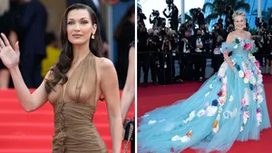 Tweeluik foto's met links Bella Hadid en rechts Sharon Stone bij het filmfestival van Cannes.