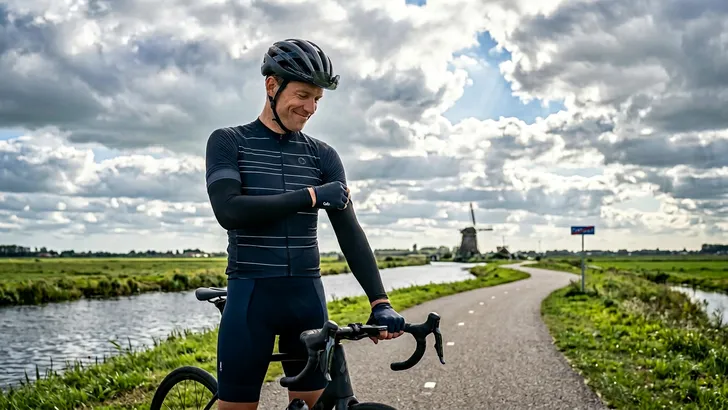 Tevreden wielrenner met zwart armstukken in Hollands polderlandschap.