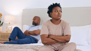 Frustrated black couple, ignore and bed in divorce, fight or conflict for argument or disagreement at home. African woman and man in bad marriage, toxic relationship or breakup in bedroom dispute