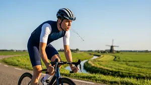 Een professioneel uitziende wielrenner past de carbohydrate mouth rinsing techniek toe door sportdrank krachtig uit te spugen voor een mentale prestatieboost tijdens een intense wedstrijd.