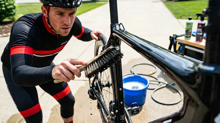 Mannelijke wielrenner in helm en fietskleding staat op het punt een fout te maken bij het schoonmaken van zijn racefiets door een vieze borstel bij het frame te houden.