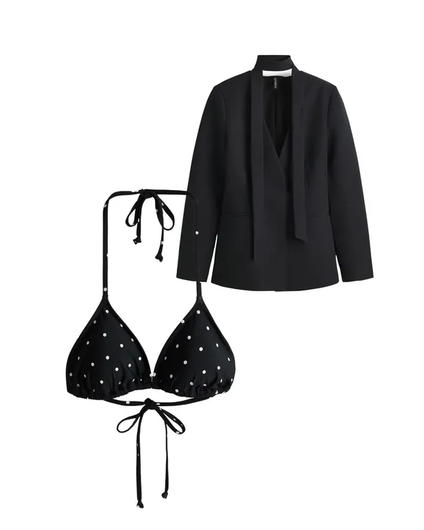 Kraagloze blazer met sjaaldetail + bikini top 