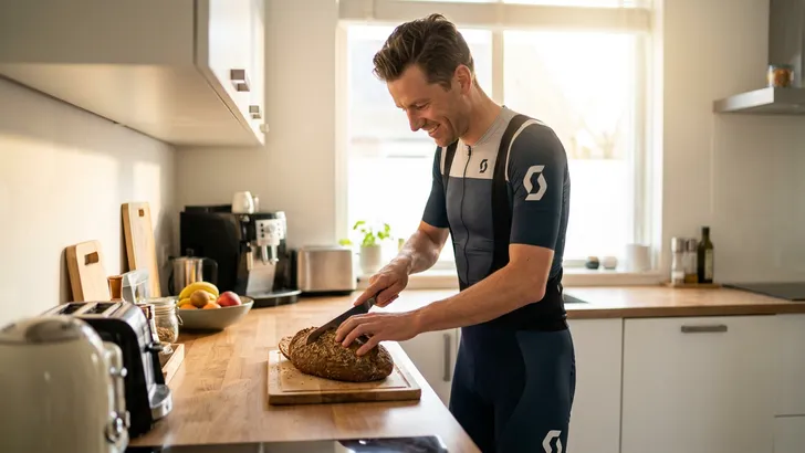 Een mannelijke wielrenner in fietspak staat in zijn keuken zonder helm en snijdt een vers desembrood aan ter voorbereiding op zijn rit.