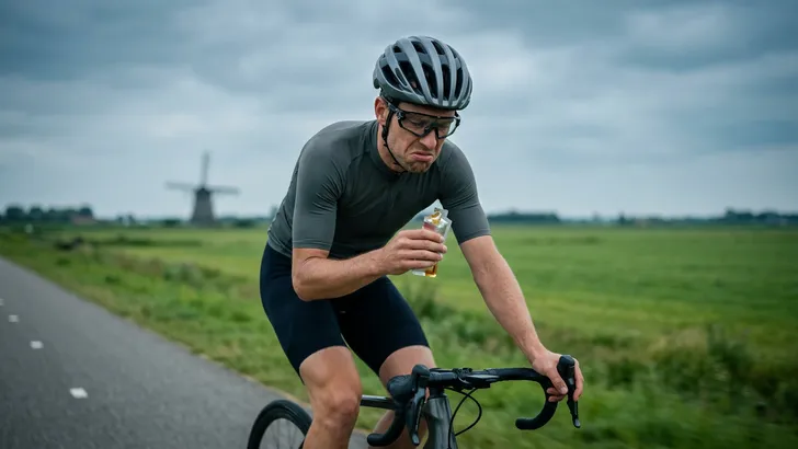 Een misselijke wielrenner met helm kijkt met een vies en gefrustreerd gezicht naar een plakkerig energiegelletje dat hij tijdens het fietsen probeert op deels heeft opgedronken.