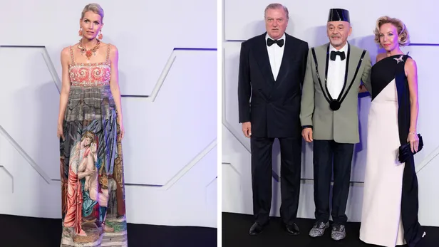 Links: Lady Kitty Spencer. Rechts: prins Carlo en prinses Camilla met Christian Louboutin.